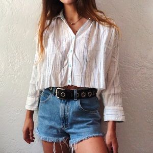 striped crop button up collared top